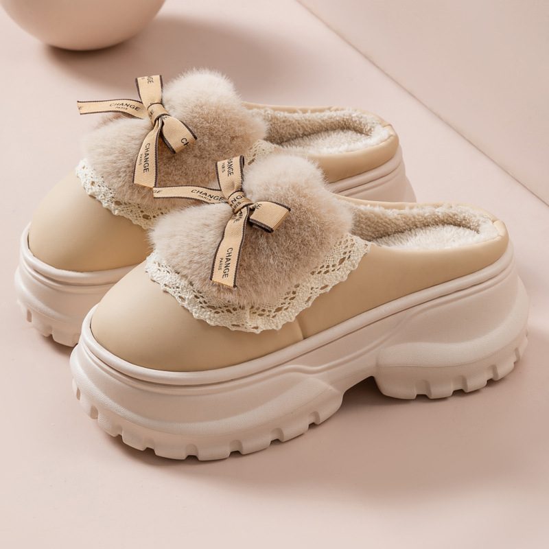 Salimm 여성 발편한 7cm 리본 레이스 미끄럼방지 키높이 털 기모 슬리퍼