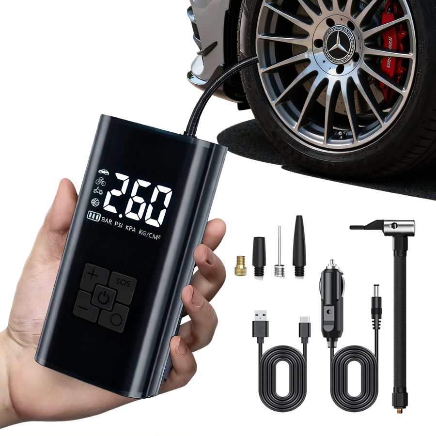 타이어 공기압 주입기  휴대용 무선 올인원  세트 6000mAh  타이어 압력 모니터링/led손전등/보조배터리/자동차 농구공 자전거 오토바이 다용도에어펌프